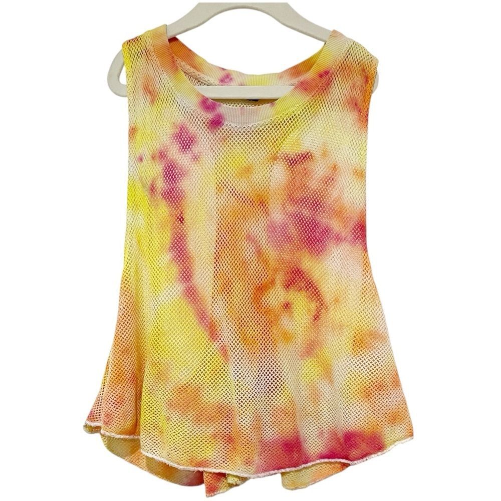 UO Vibrant Yellow Orange Tie-Dye Mesh Tank Top M Cropped Muscle Tee